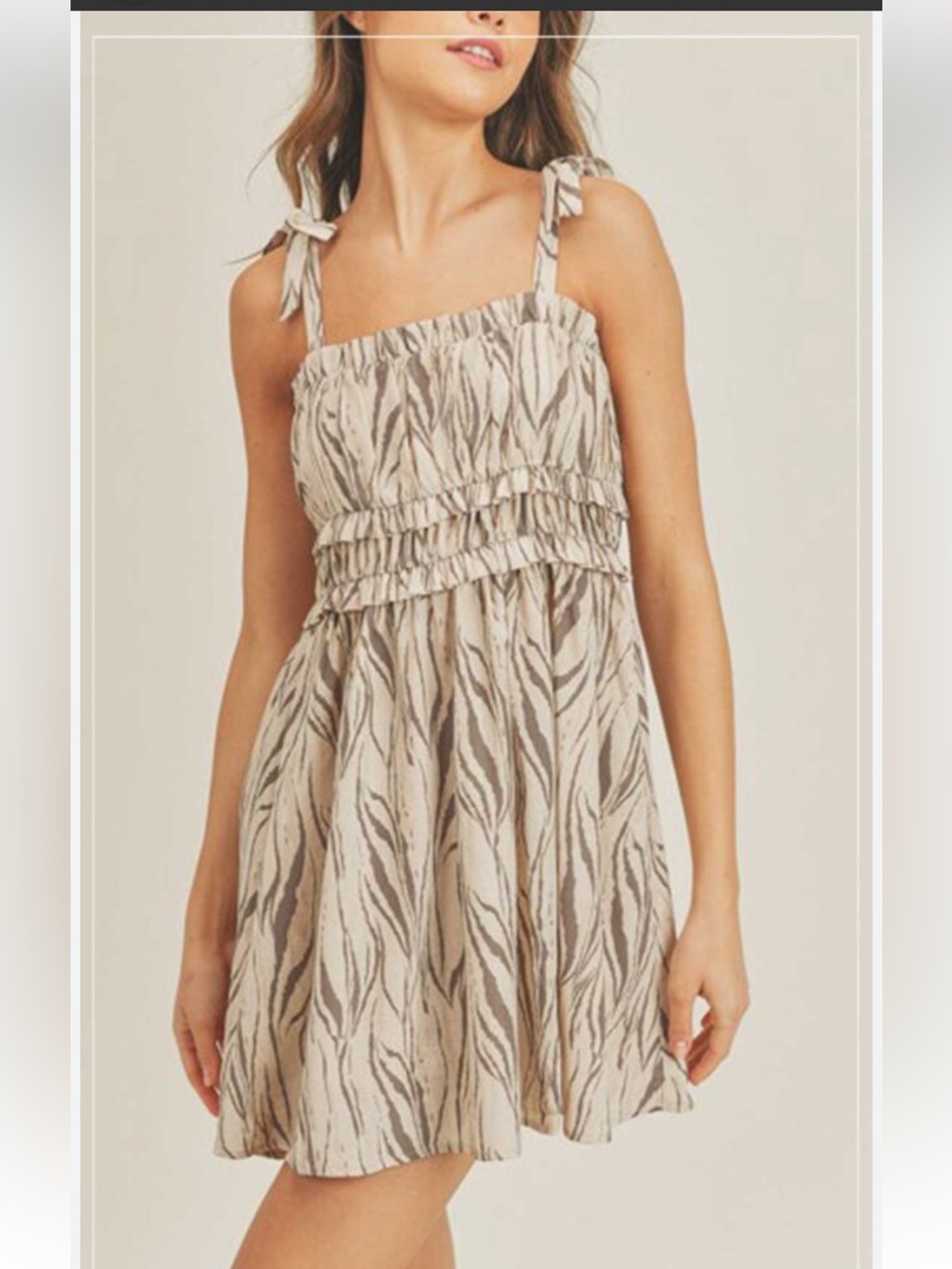 Lush Tie-Shoulder Zebra Print Mini Dress in Cream and Taupe